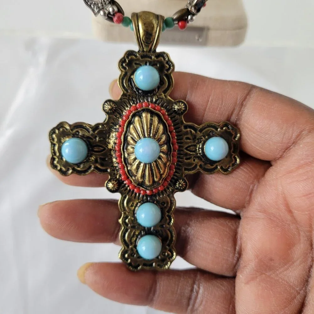 Southwestern-Style Turquoise &Coral color Beaded Cross Necklace